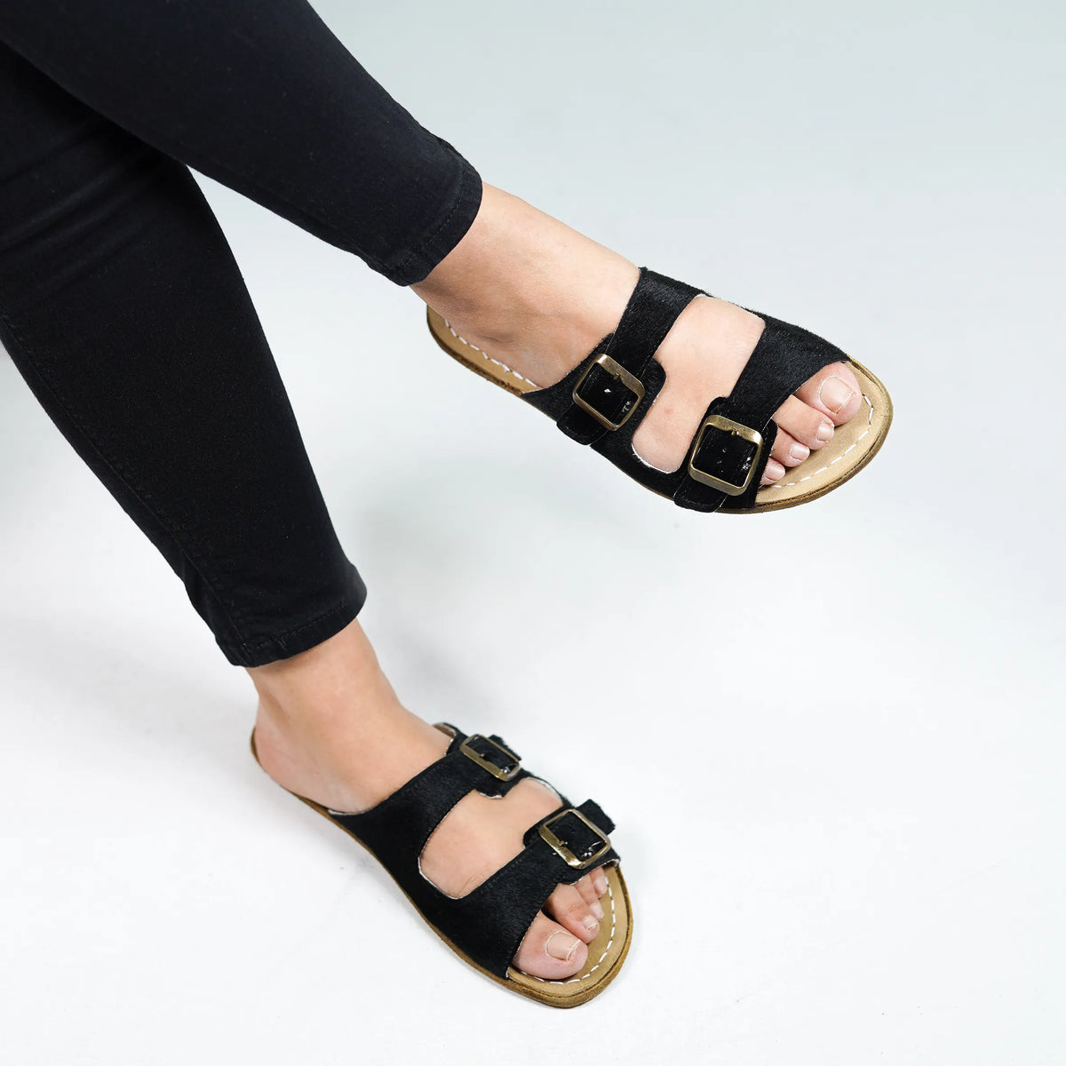 Hair Barefoot Double Strap Sandals Shoes – Classic Sole — Leather Sole – Black