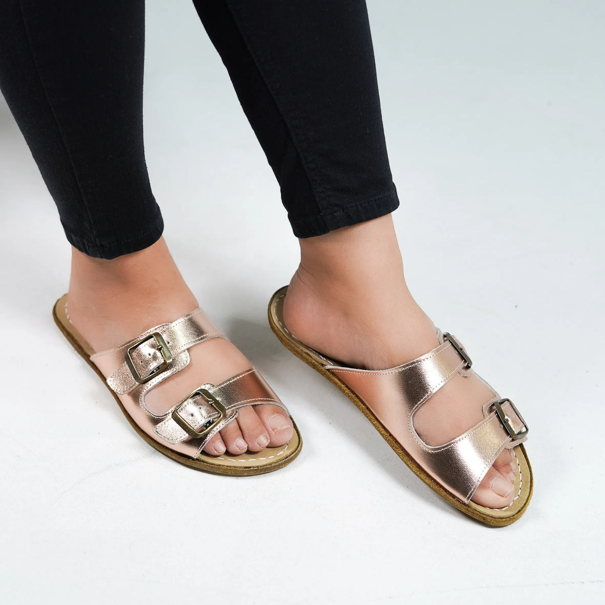 Bright Barefoot Double Strap Sandals Shoes – Classic Sole — Leather Sole – Rose Gold