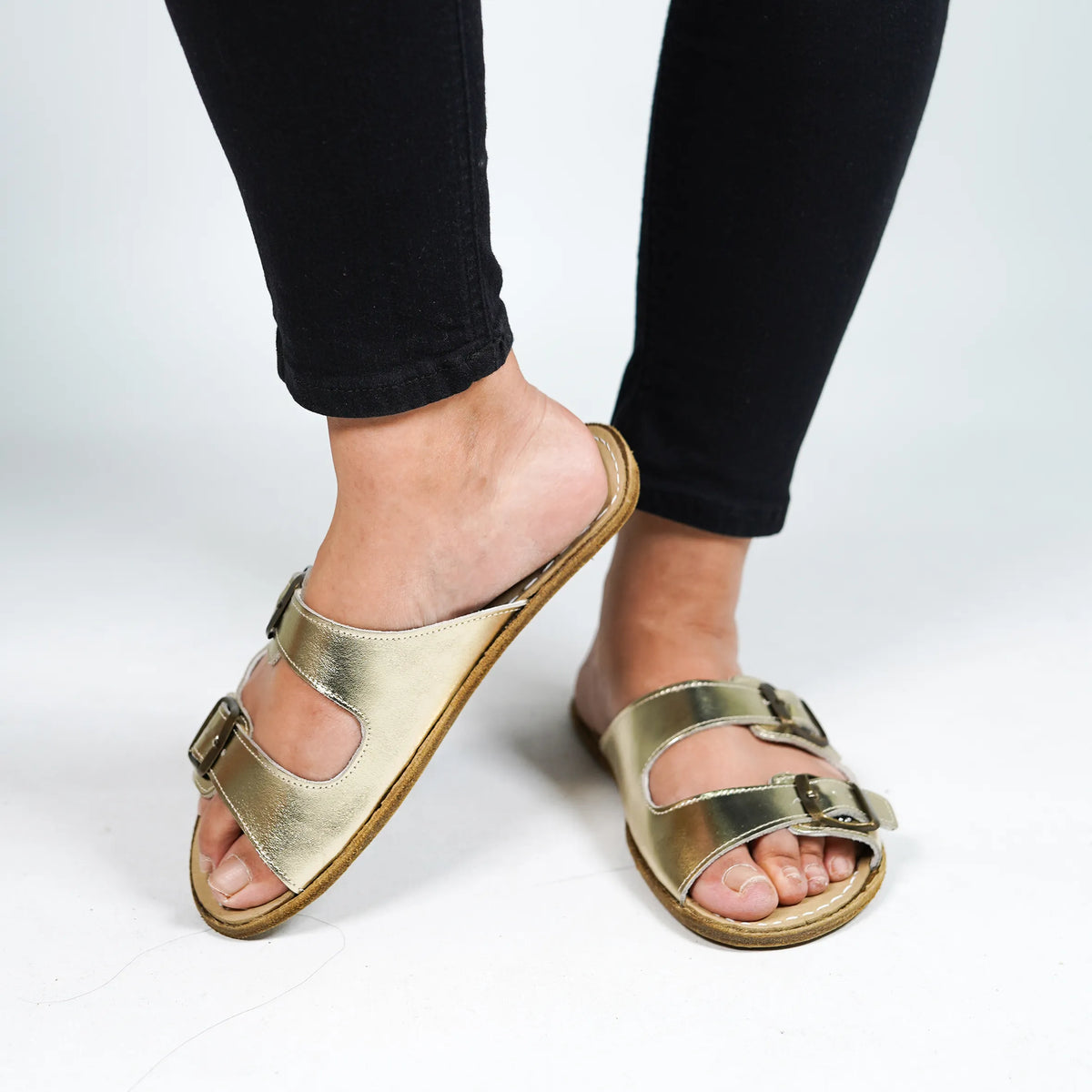 Bright Barefoot Double Strap Sandals Shoes – Classic Sole — Leather Sole – Gold