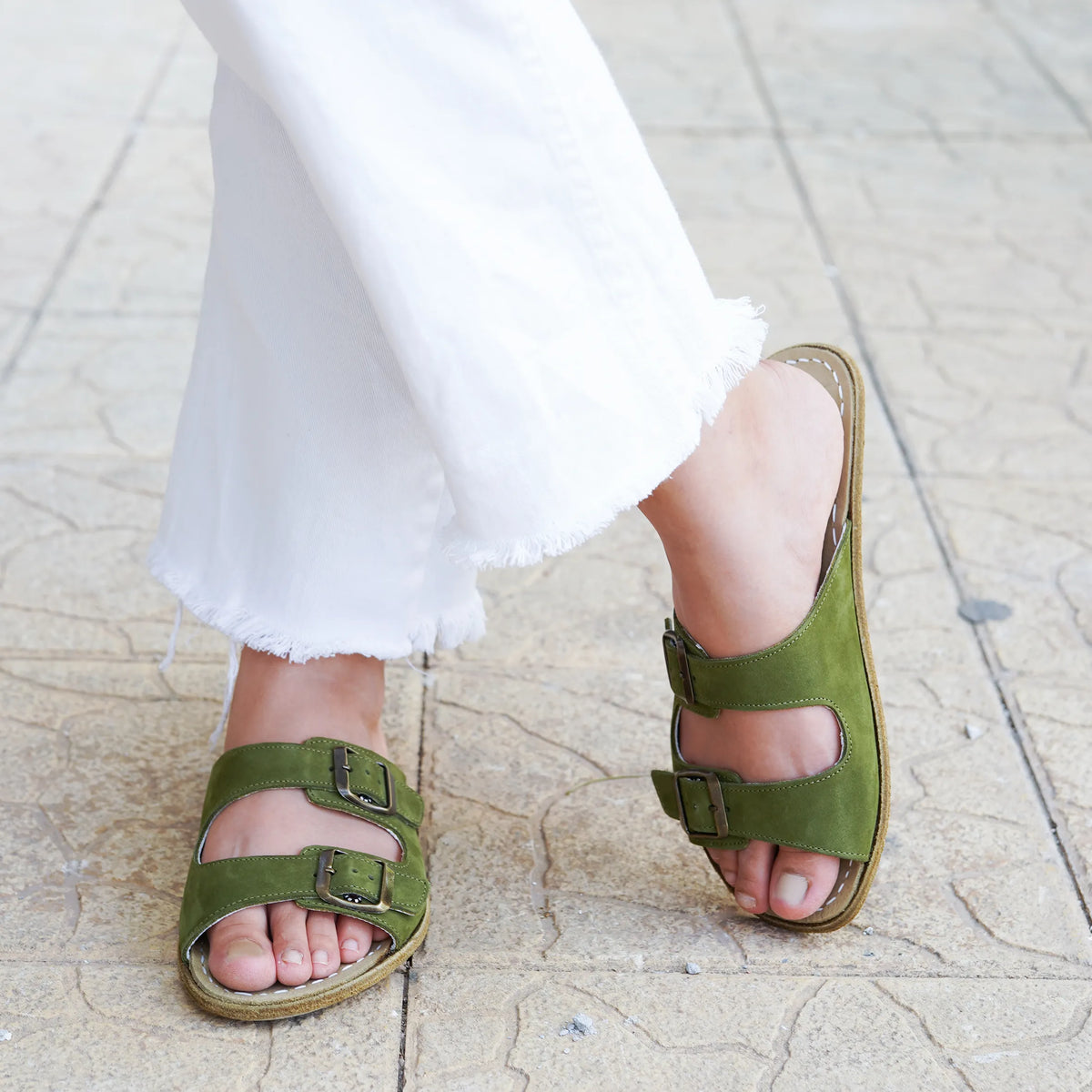 Nubuck Barefoot Double Strap Sandals Shoes – Classic Sole — Leather Sole – Green
