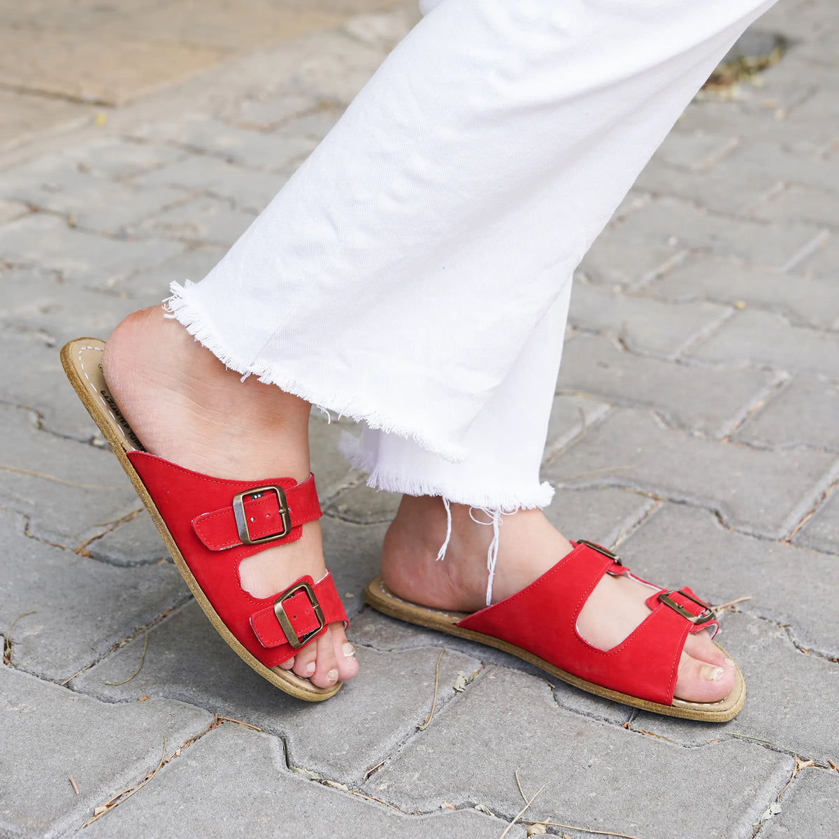 Nubuck Barefoot Double Strap Sandal Shoes – Classic Sole — Leather Sole – Red