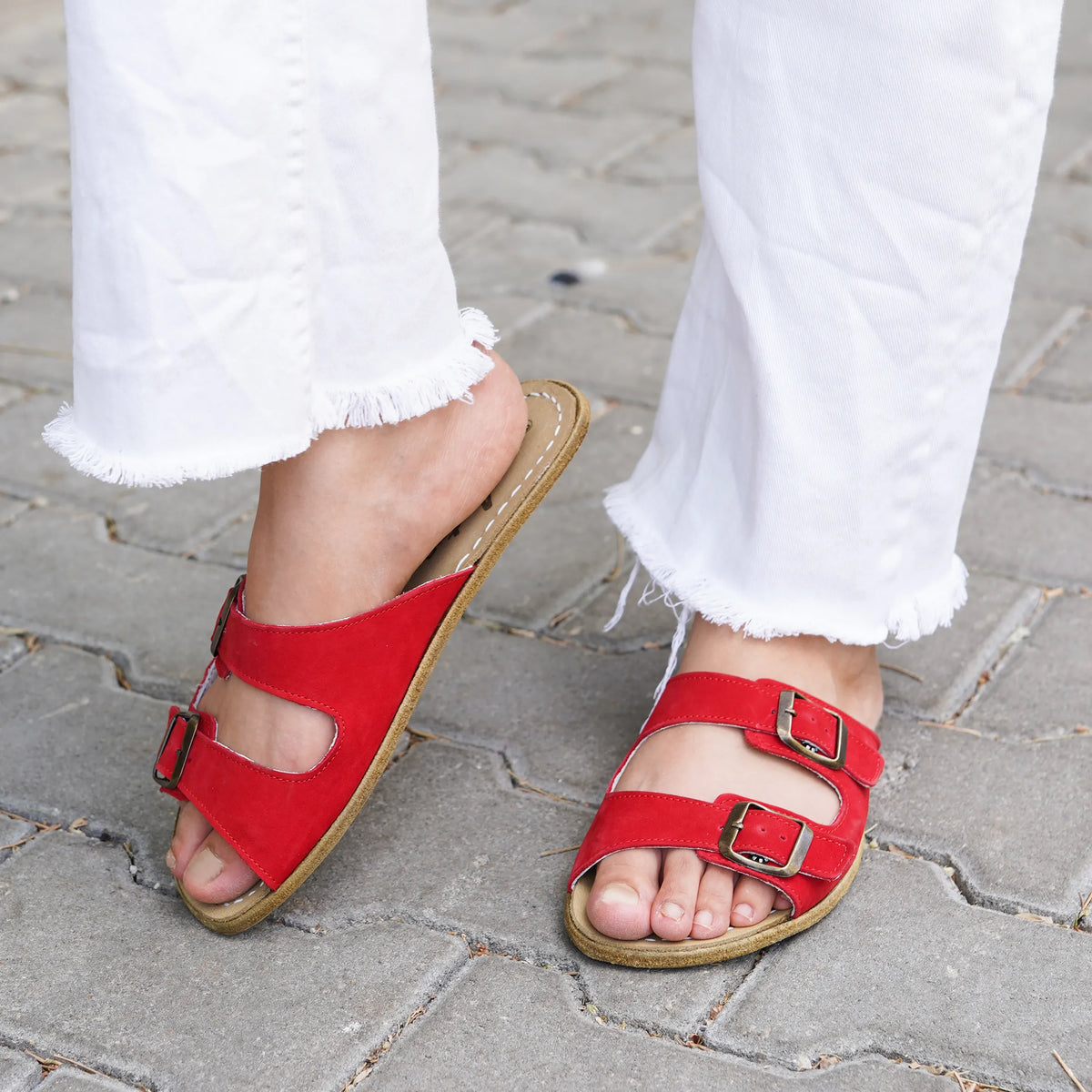 Nubuck Barefoot Double Strap Sandals Shoes – Classic Sole — Leather Sole – Red