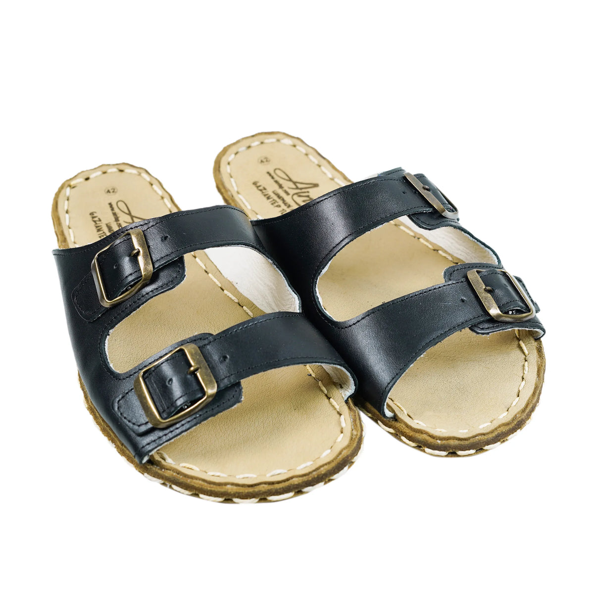 Smooth Barefoot Double Strap Sandals Shoes — Leather Sole – Black