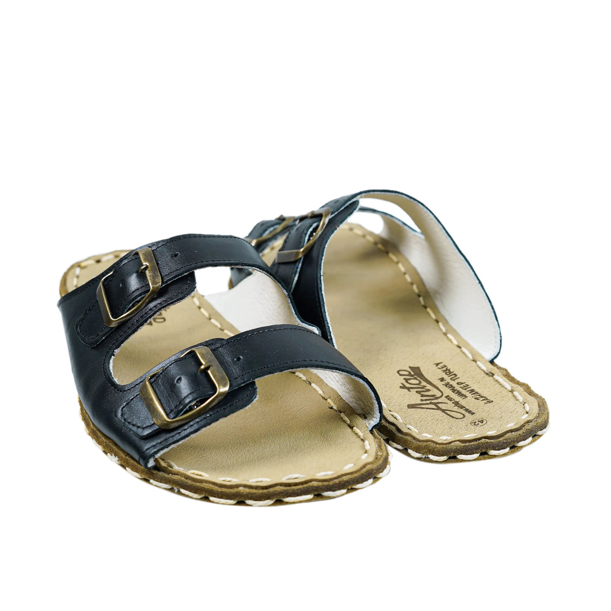 Smooth Barefoot Double Strap Sandals Shoes — Leather Sole – Black