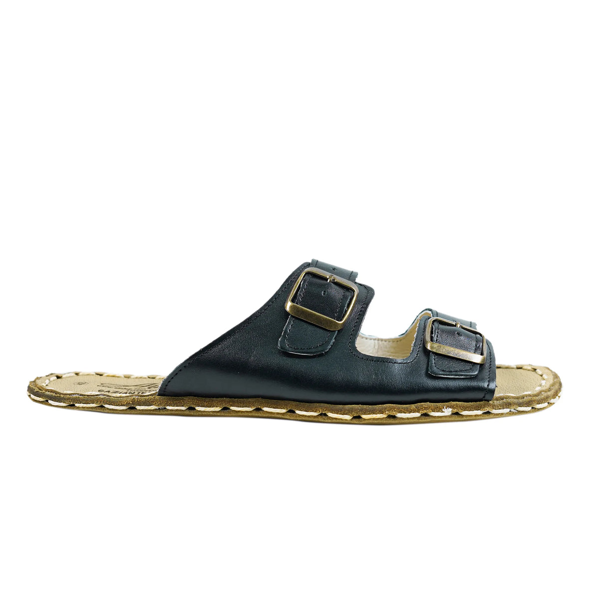 Smooth Barefoot Double Strap Sandals Shoes — Leather Sole – Black