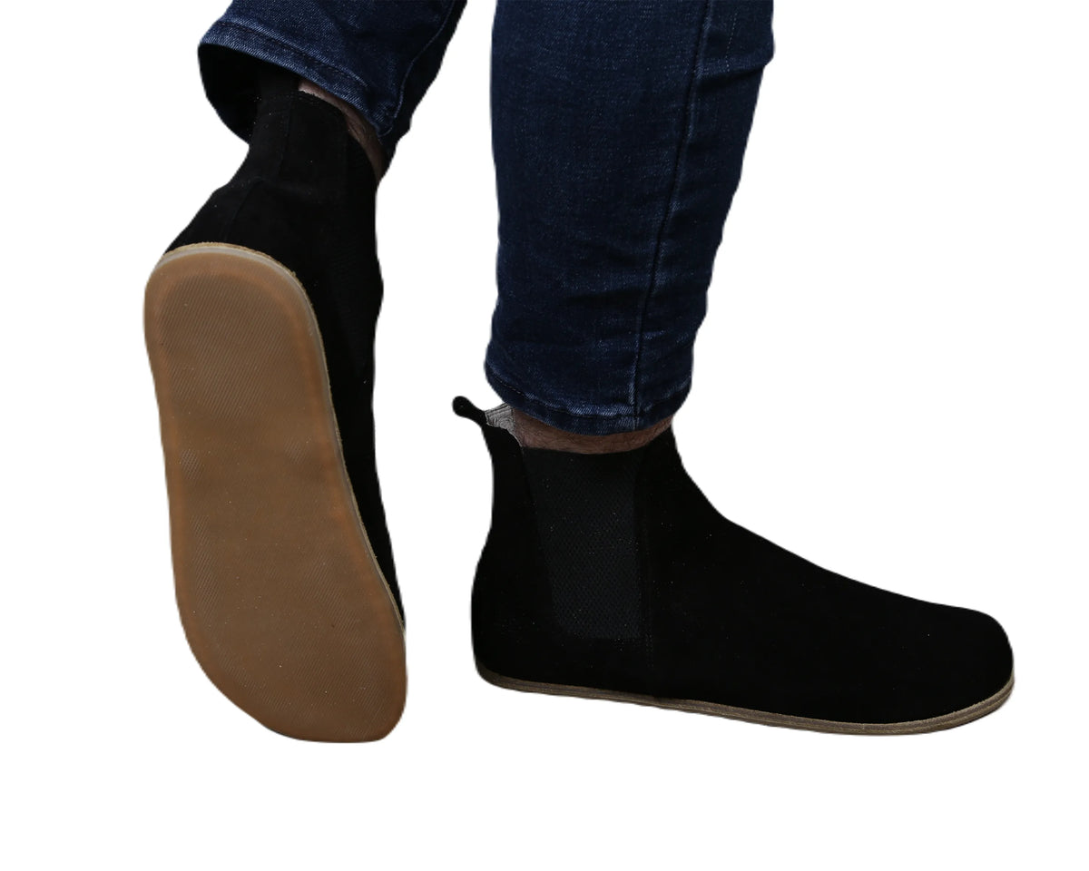 Suede Barefoot Chelsea Boots Shoes – Classic Sole — Leather Sole – Black