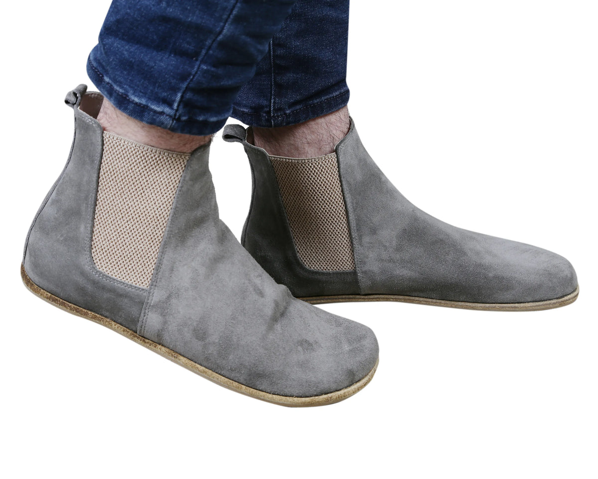 Suede Barefoot Chelsea Boots Shoes – Classic Sole — Leather Sole – Gray