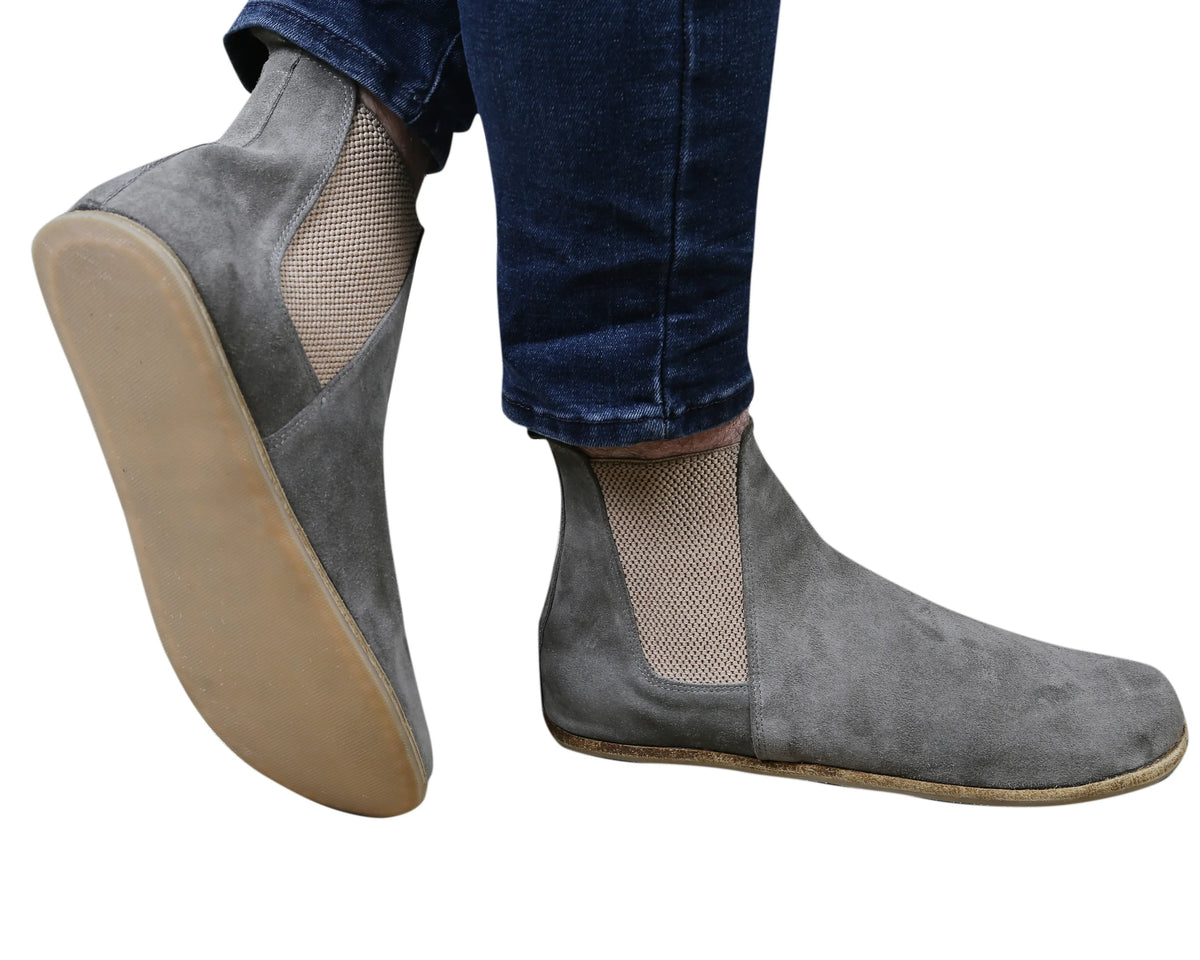 Suede Barefoot Chelsea Boots Shoes – Classic Sole — Leather Sole – Gray
