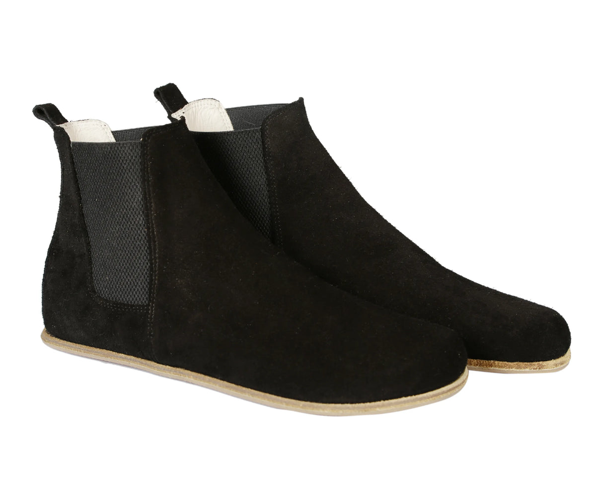 Suede Barefoot Chelsea Boots Shoes – Classic Sole — Leather Sole – Black