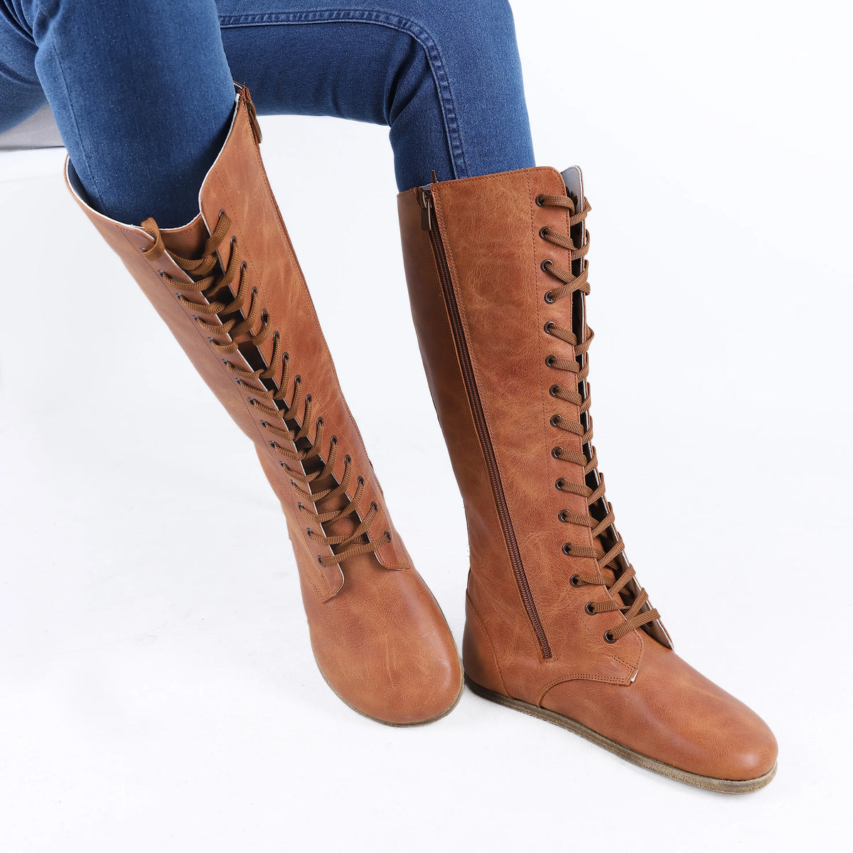 Crazy Barefoot Laces Knee Boots Shoes – Classic Sole — Leather Sole – Honey Camel