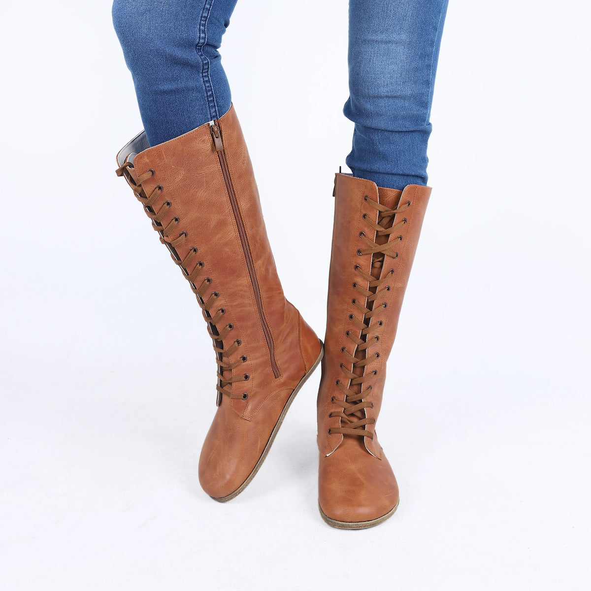 Crazy Barefoot Laces Knee Boots Shoes – Classic Sole — Leather Sole – Honey Camel