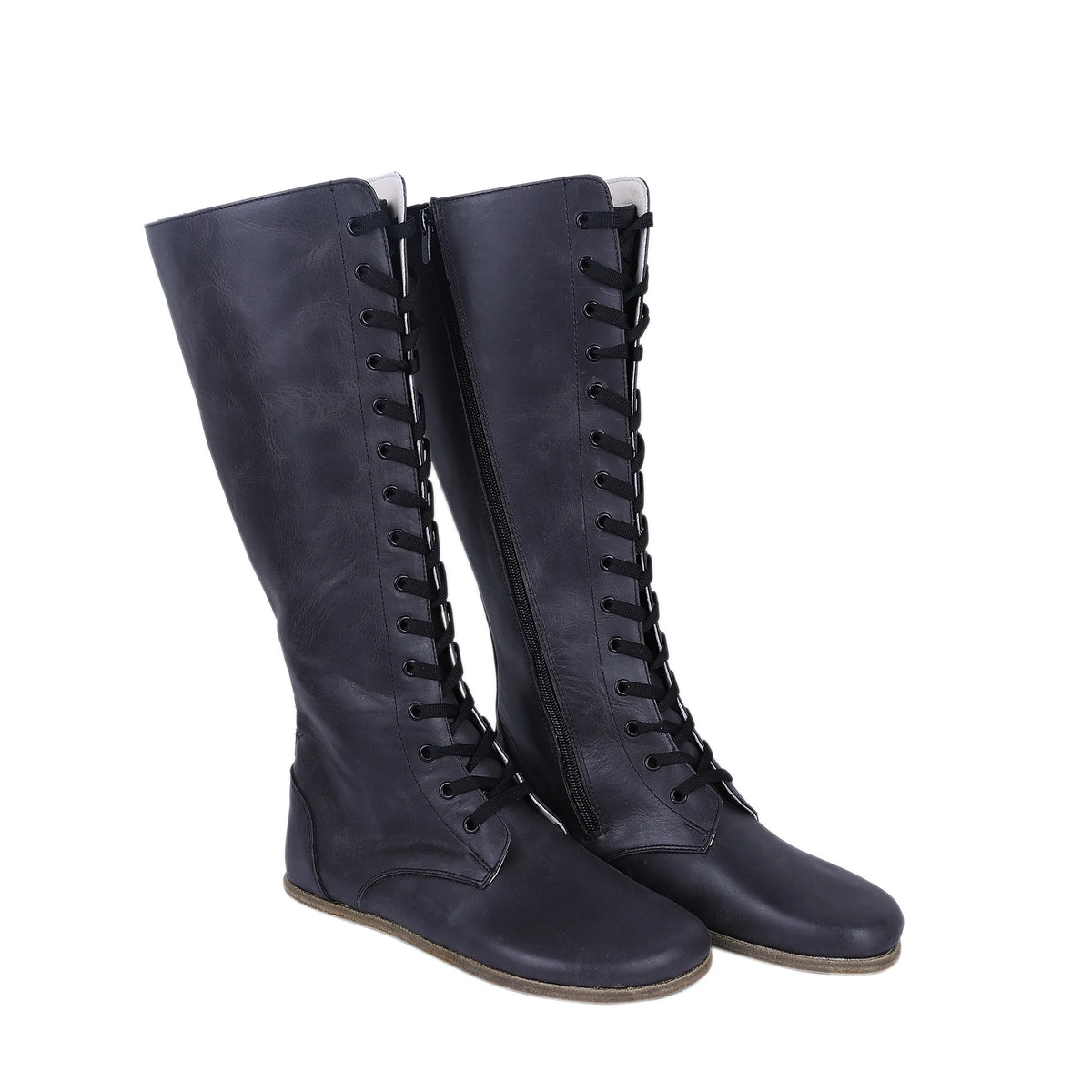 Crazy Barefoot Laces Knee Boots Shoes – Classic Sole — Leather Sole – Black