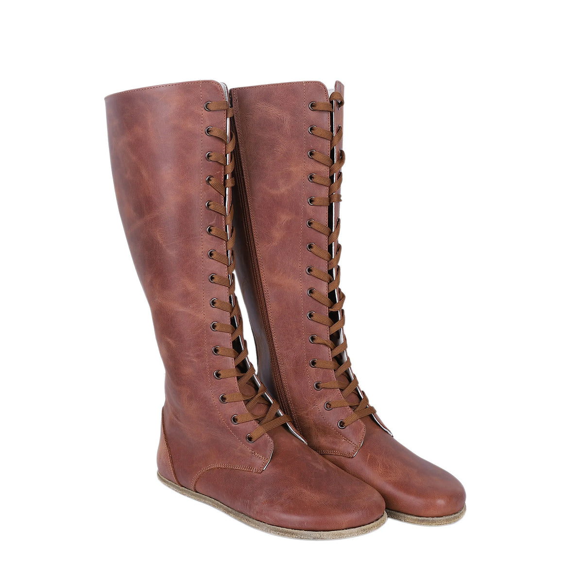 Crazy Barefoot Laces Knee Boots Shoes – Classic Sole — Leather Sole – Brown