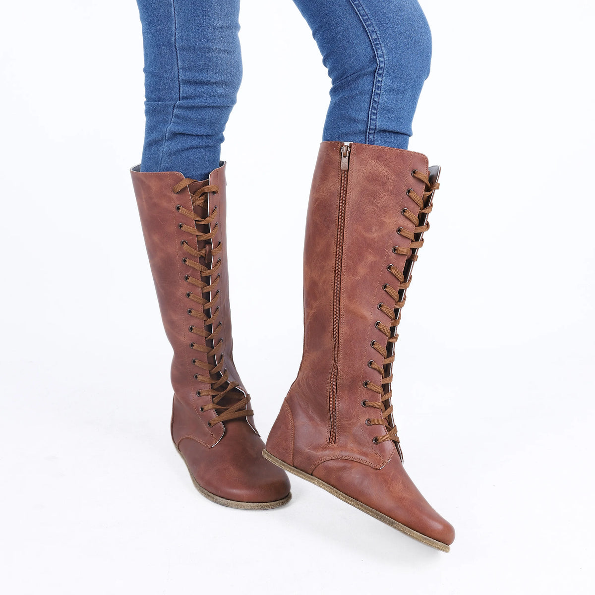 Crazy Barefoot Laces Knee Boots Shoes – Classic Sole — Leather Sole – Brown