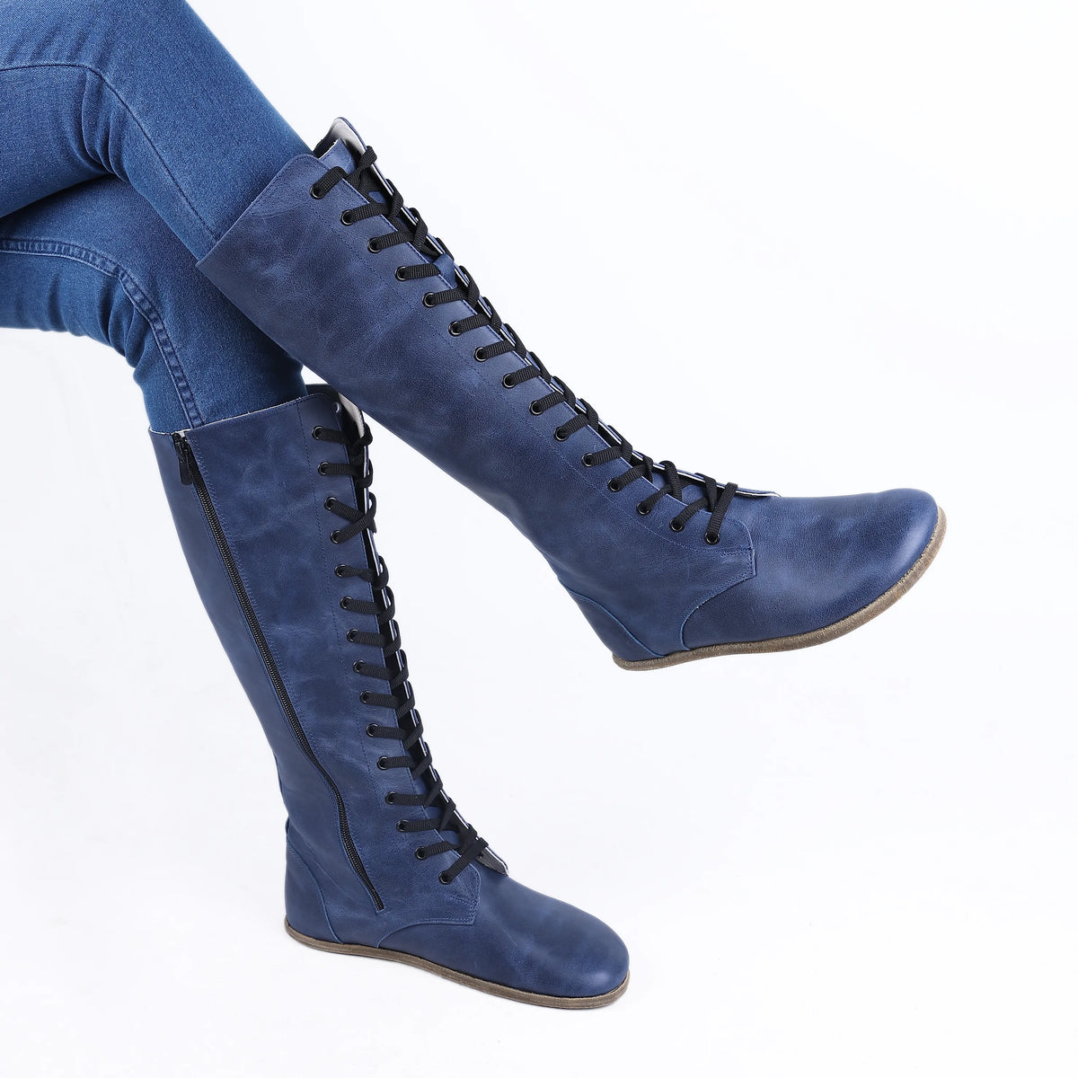 Crazy Barefoot Laces Knee Boots Shoes – Classic Sole — Leather Sole – Navy Blue