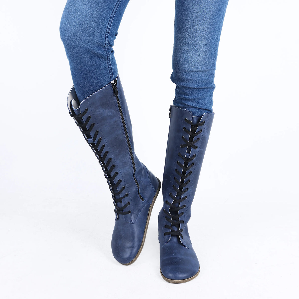 Crazy Barefoot Laces Knee Boots Shoes – Classic Sole — Leather Sole – Navy Blue