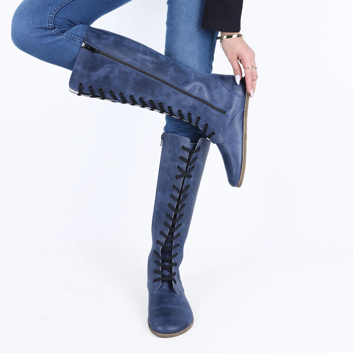Crazy Barefoot Laces Knee Boots Shoes – Classic Sole — Leather Sole – Navy Blue