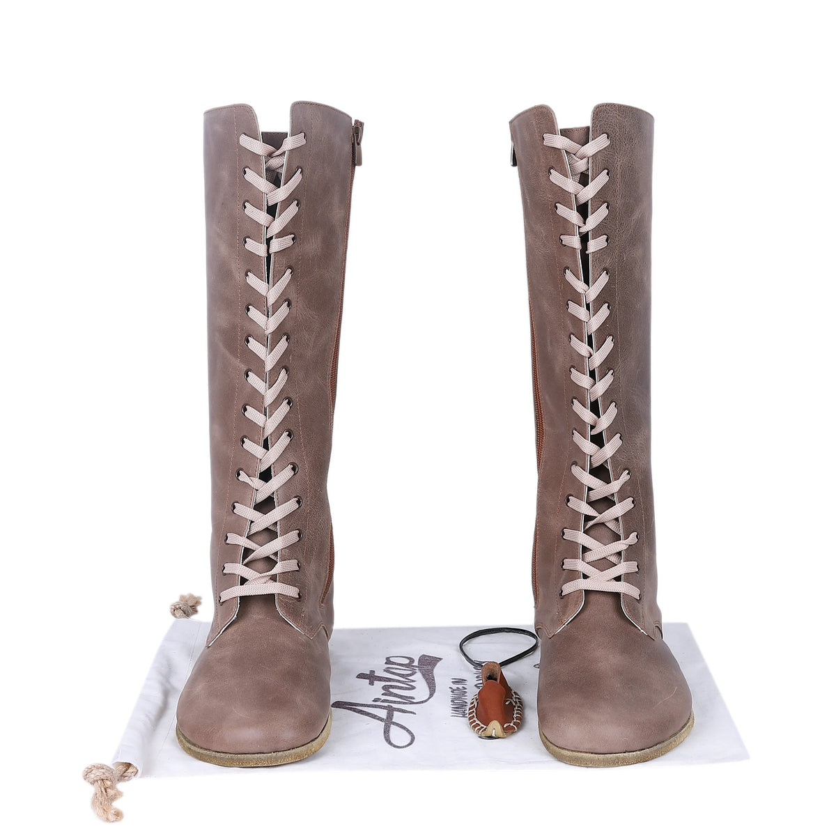Crazy Barefoot Laces Knee Boots Shoes – Classic Sole — Leather Sole – Beige Bizon