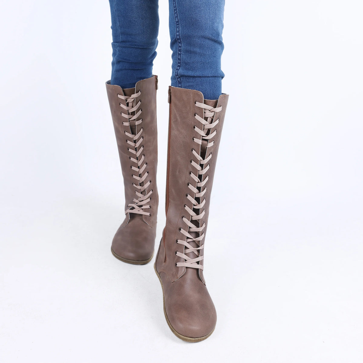 Crazy Barefoot Laces Knee Boots Shoes – Classic Sole — Leather Sole – Beige Bizon