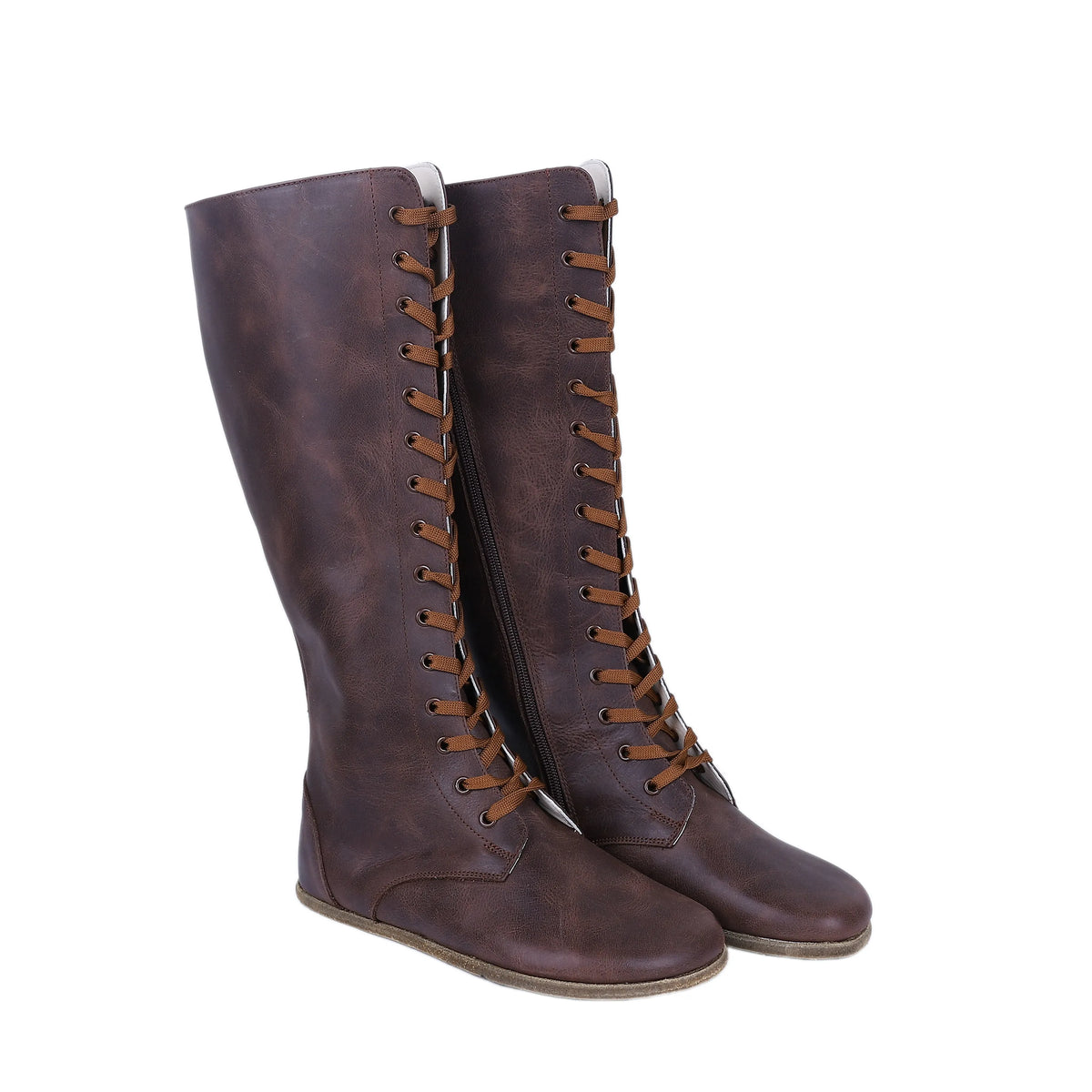 Crazy Barefoot Laces Knee Boots Shoes – Classic Sole — Leather Sole – Dark Brown