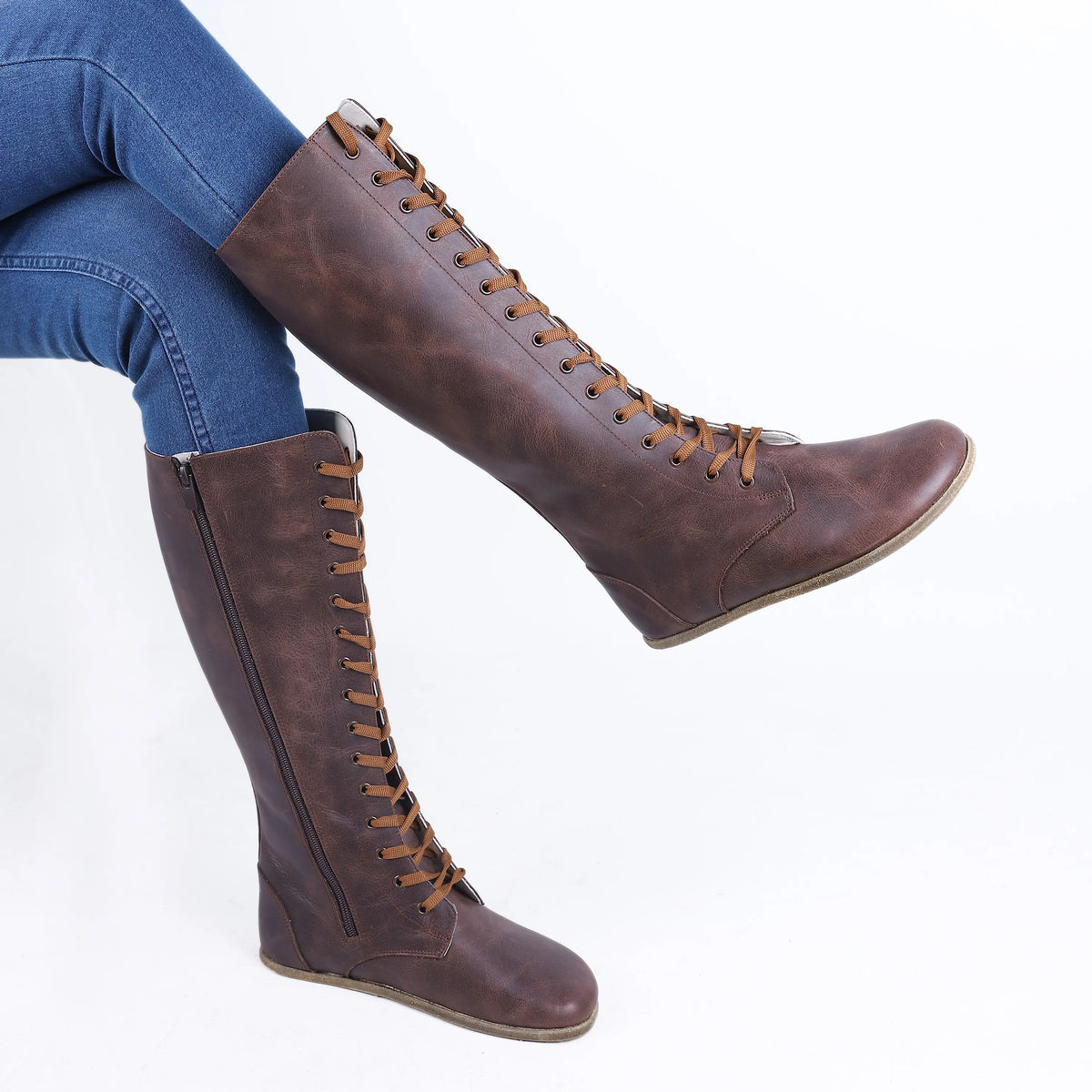 Crazy Barefoot Laces Knee Boots Shoes – Classic Sole — Leather Sole – Dark Brown