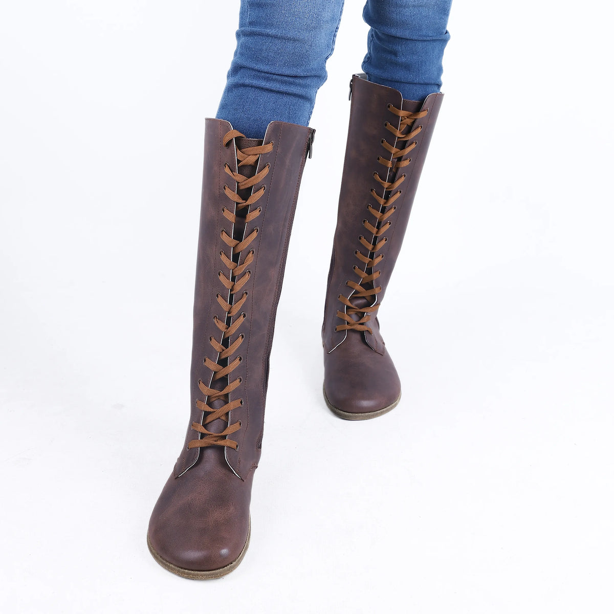 Crazy Barefoot Laces Knee Boots Shoes – Classic Sole — Leather Sole – Dark Brown
