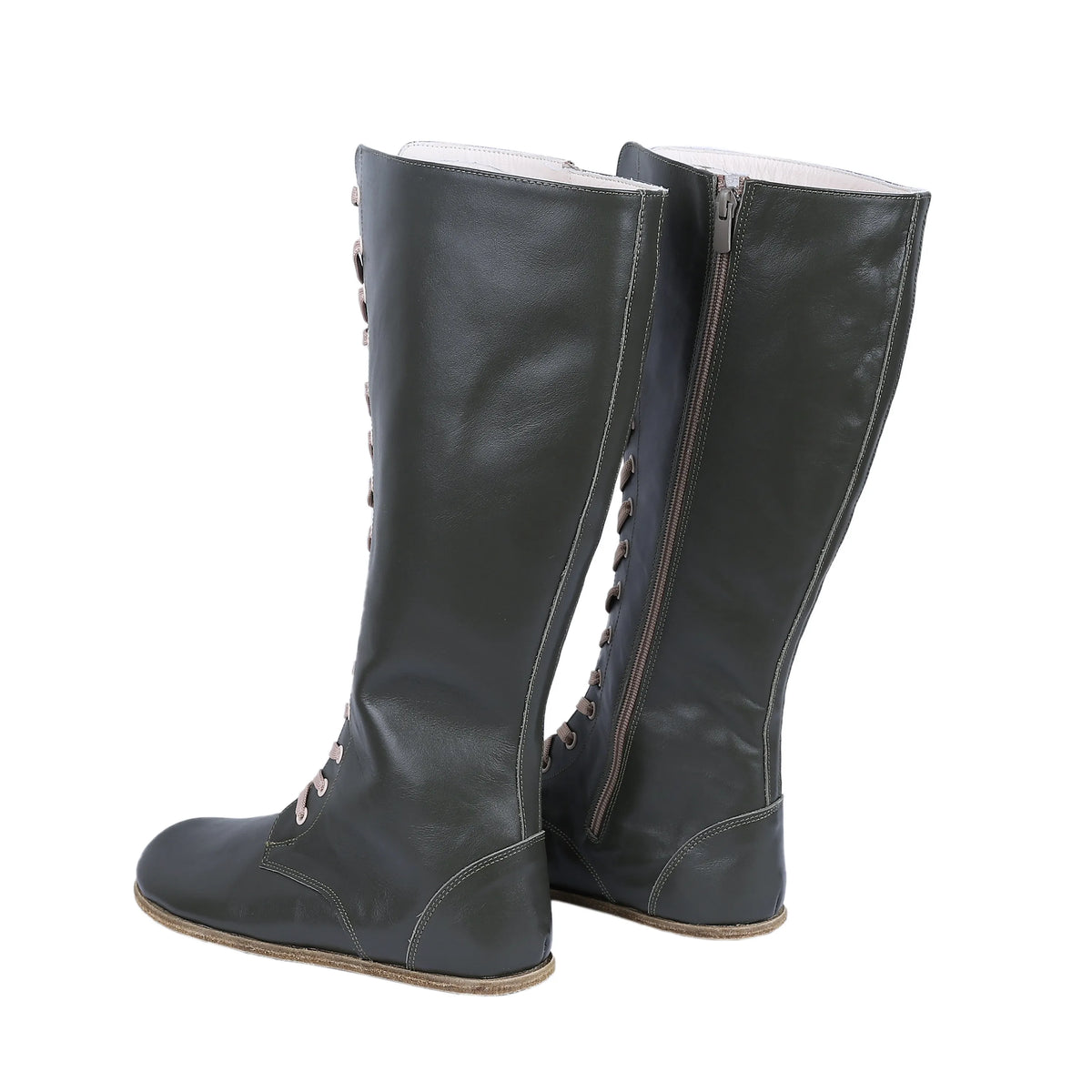 Smooth Barefoot Laces Knee Boots Shoes – Classic Sole — Leather Sole – Olive Green