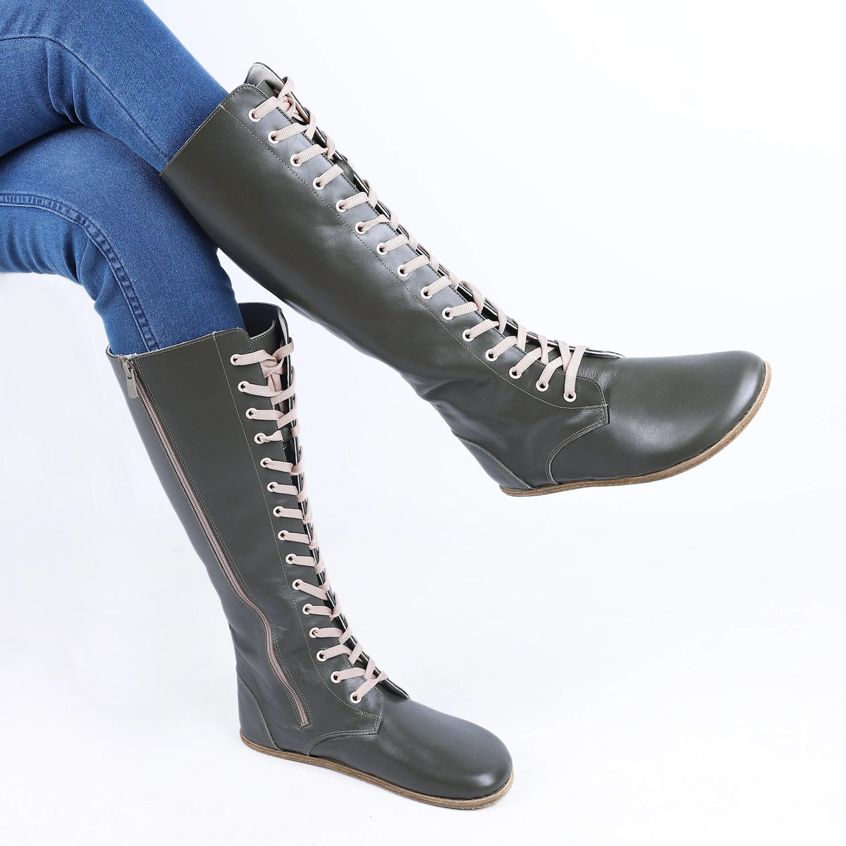 Smooth Barefoot Laces Knee Boots Shoes – Classic Sole — Leather Sole – Olive Green