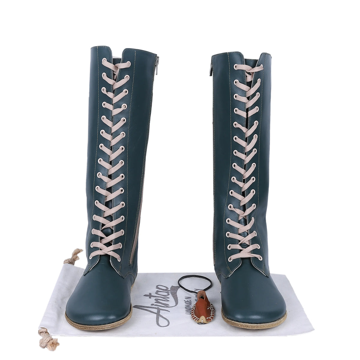 Smooth Barefoot Laces Knee Boots Shoes – Classic Sole — Leather Sole – Green