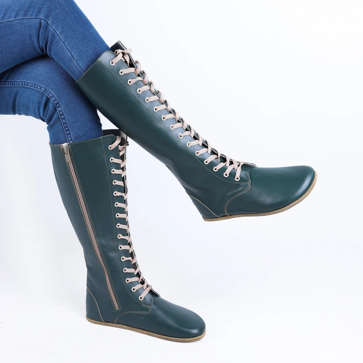 Smooth Barefoot Laces Knee Boots Shoes – Classic Sole — Leather Sole – Green