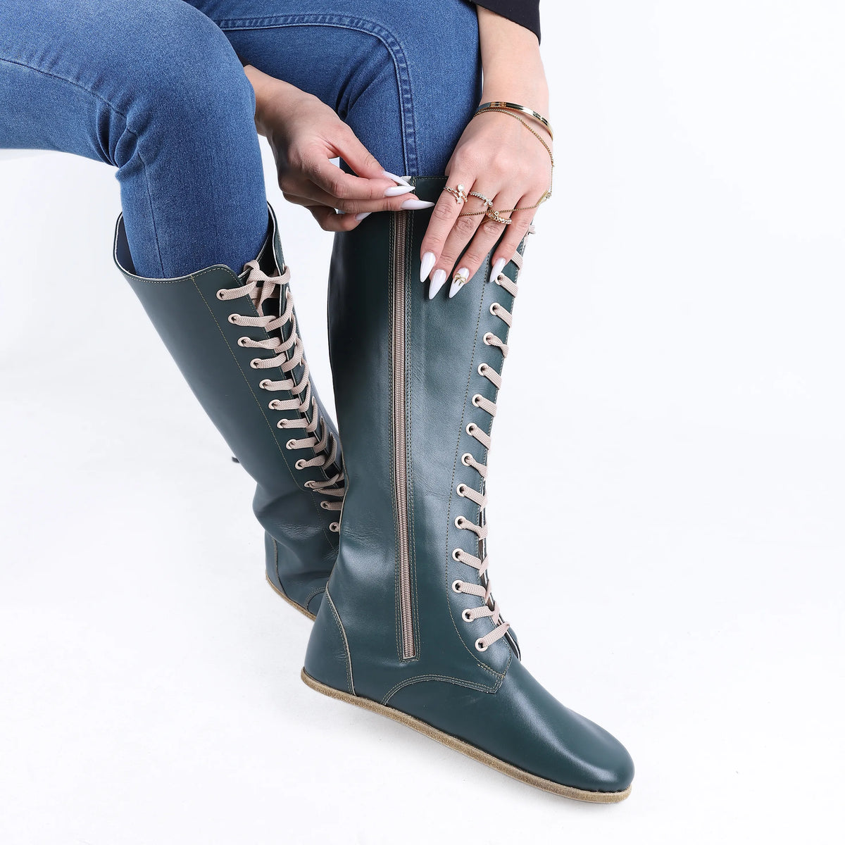 Smooth Barefoot Laces Knee Boots Shoes – Classic Sole — Leather Sole – Green