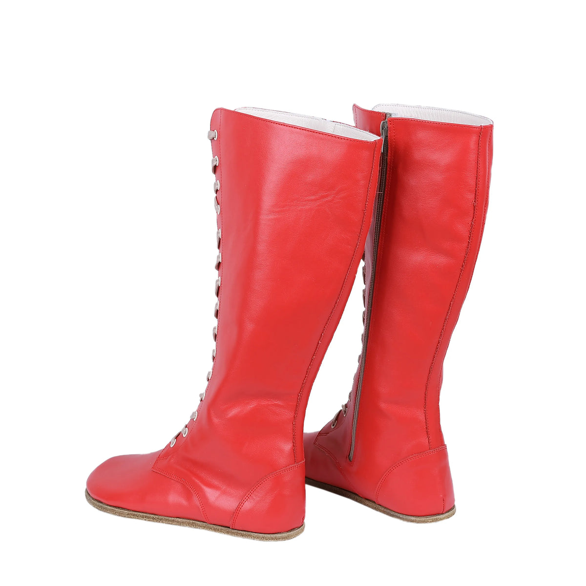 Smooth Barefoot Laces Knee Boots Shoes – Classic Sole — Leather Sole – Red