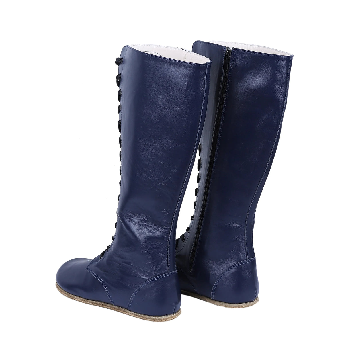 Smooth Barefoot Laces Knee Boots Shoes – Classic Sole — Leather Sole – Navy Blue