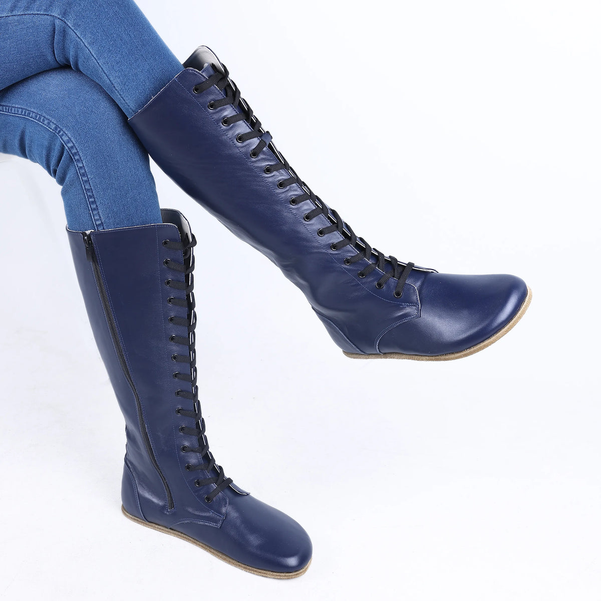 Smooth Barefoot Laces Knee Boots Shoes – Classic Sole — Leather Sole – Navy Blue
