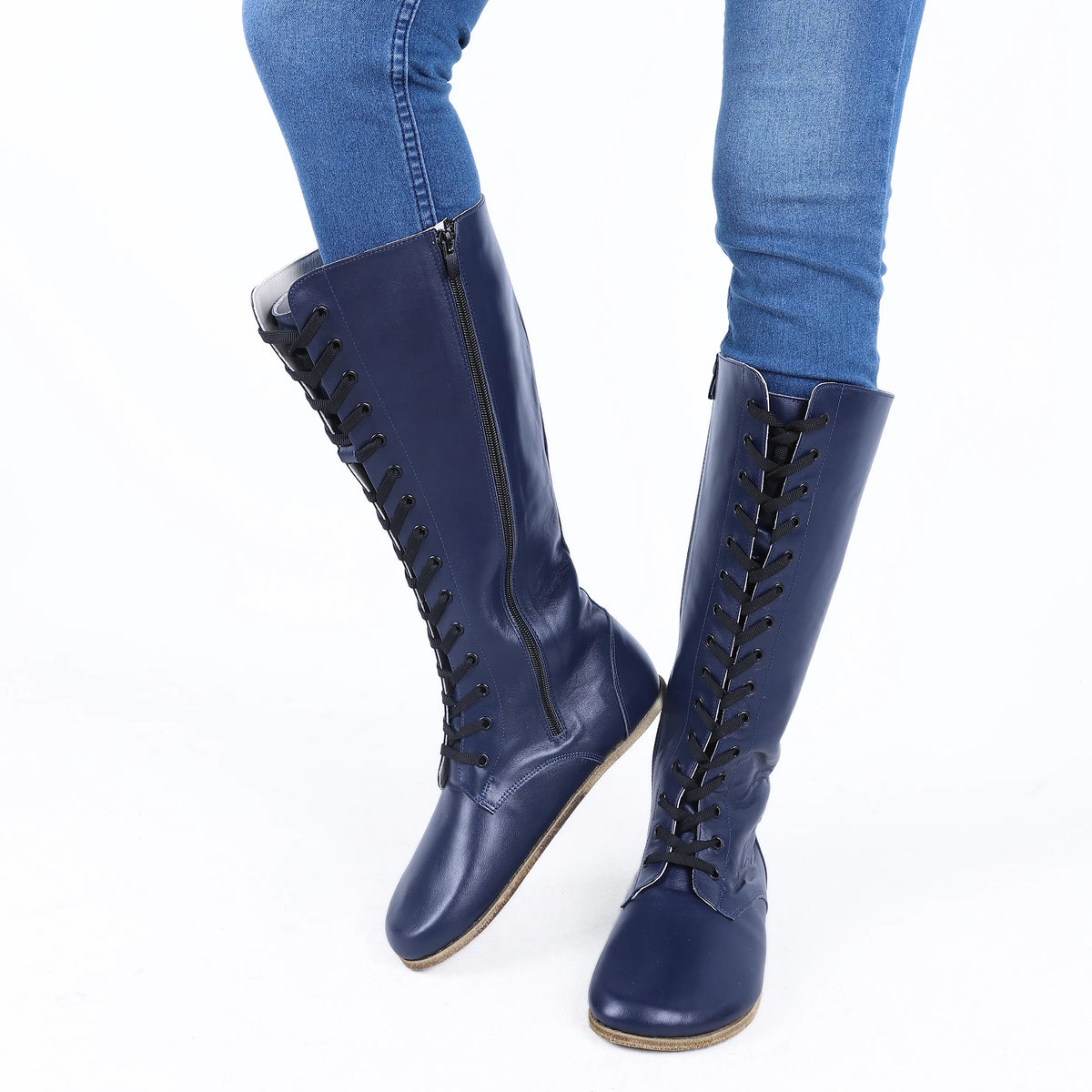 Smooth Barefoot Laces Knee Boots Shoes – Classic Sole — Leather Sole – Navy Blue