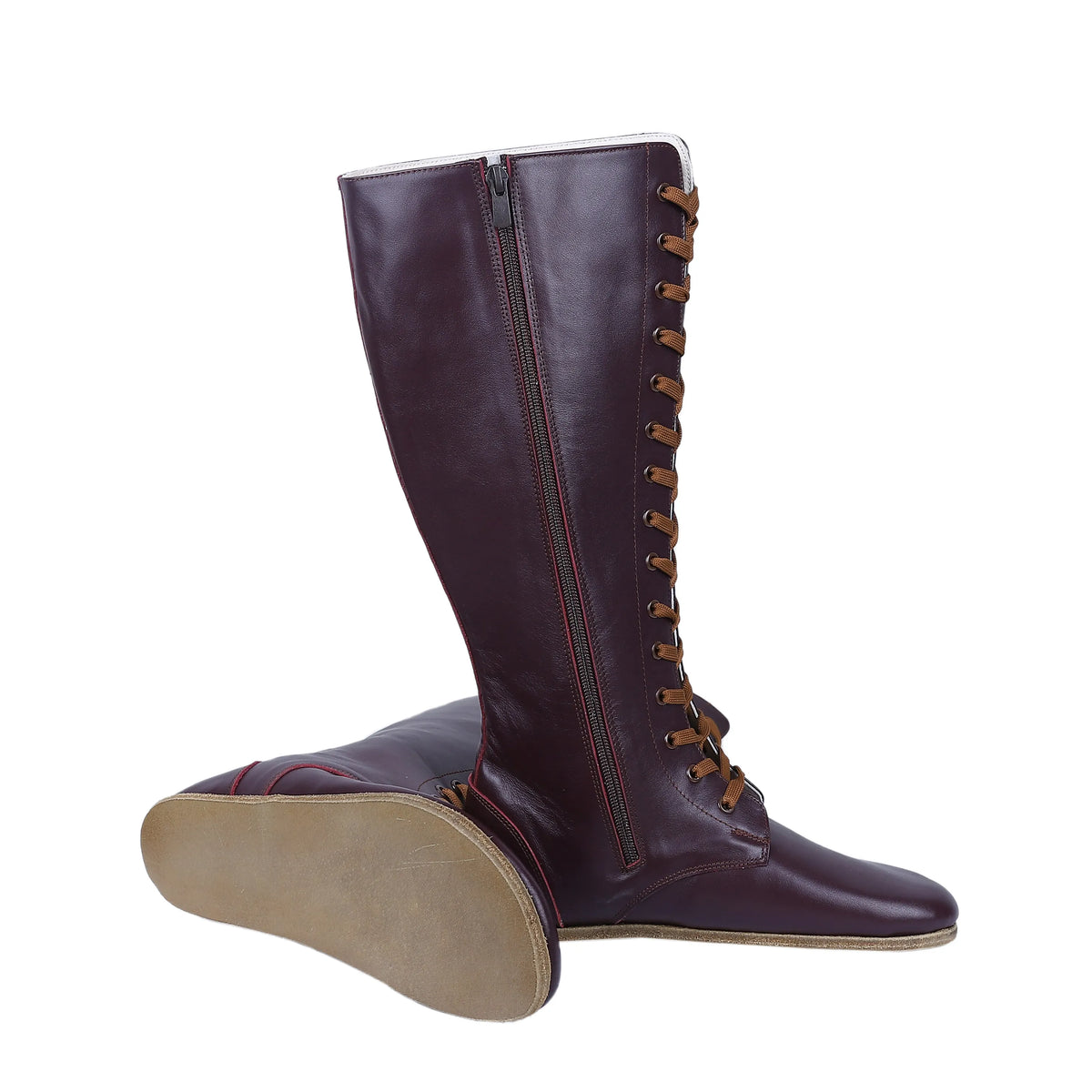 Smooth Barefoot Laces Knee Boots Shoes – Classic Sole — Leather Sole – Burgundy