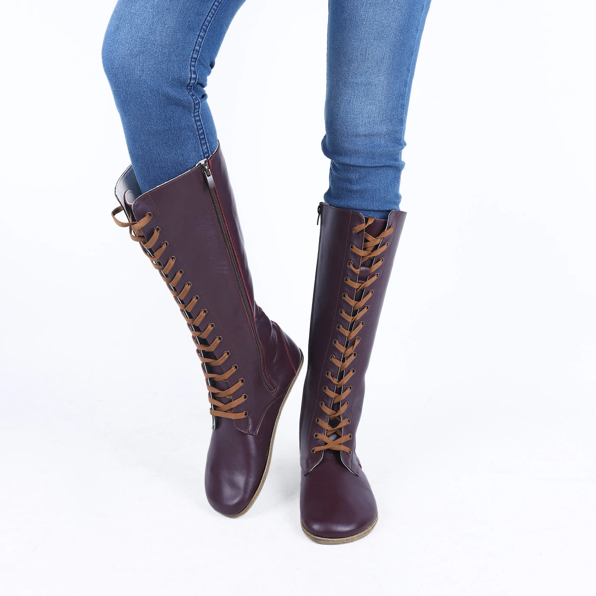 Smooth Barefoot Laces Knee Boots Shoes – Classic Sole — Leather Sole – Burgundy