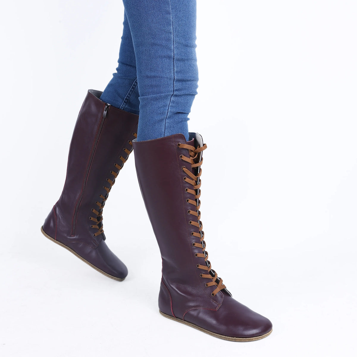 Smooth Barefoot Laces Knee Boots Shoes – Classic Sole — Leather Sole – Burgundy