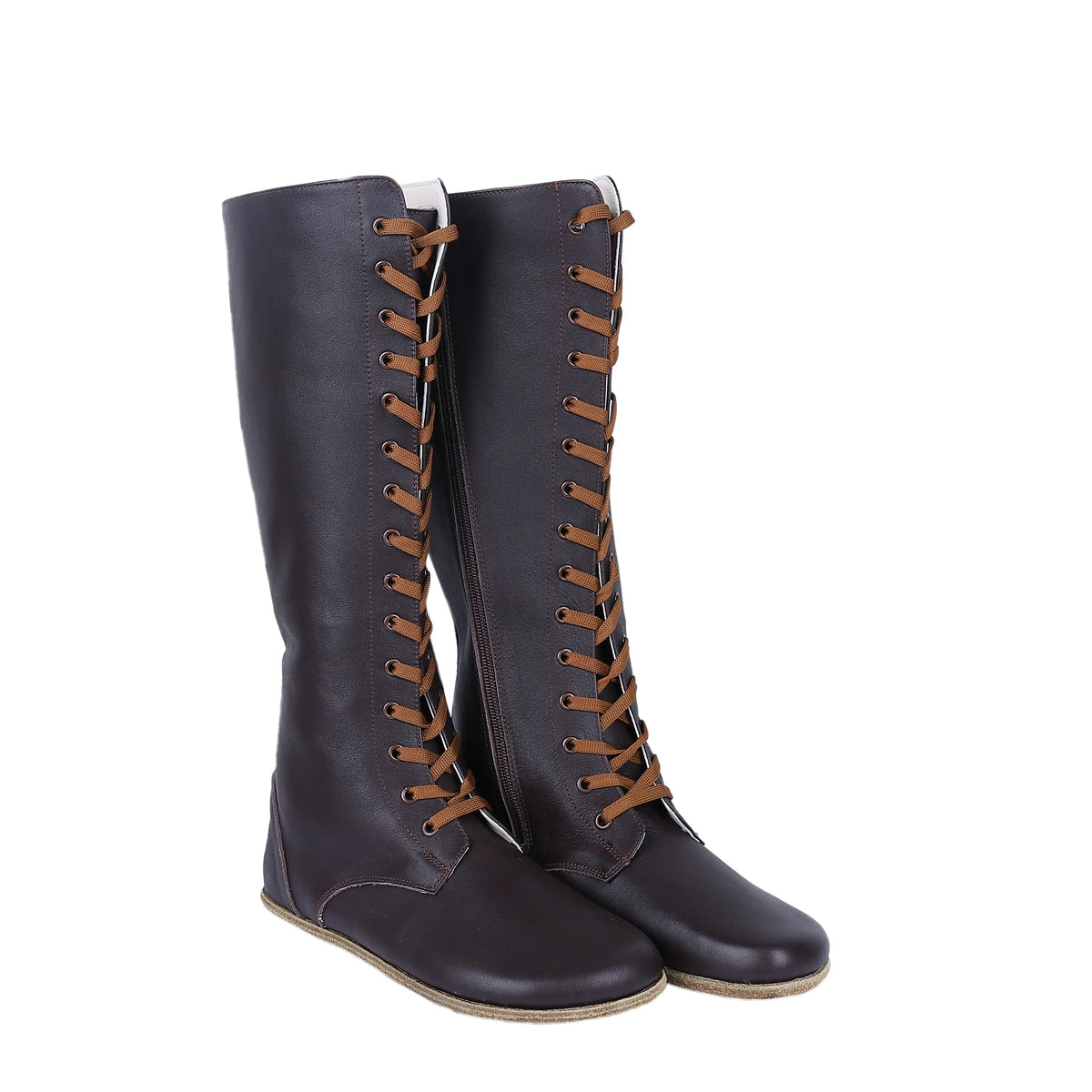 Smooth Barefoot Laces Knee Boots Shoes – Classic Sole — Leather Sole – Dark Brown