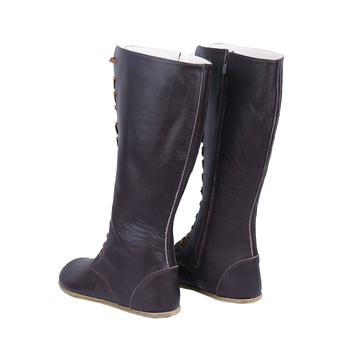 Smooth Barefoot Laces Knee Boots Shoes – Classic Sole — Leather Sole – Dark Brown