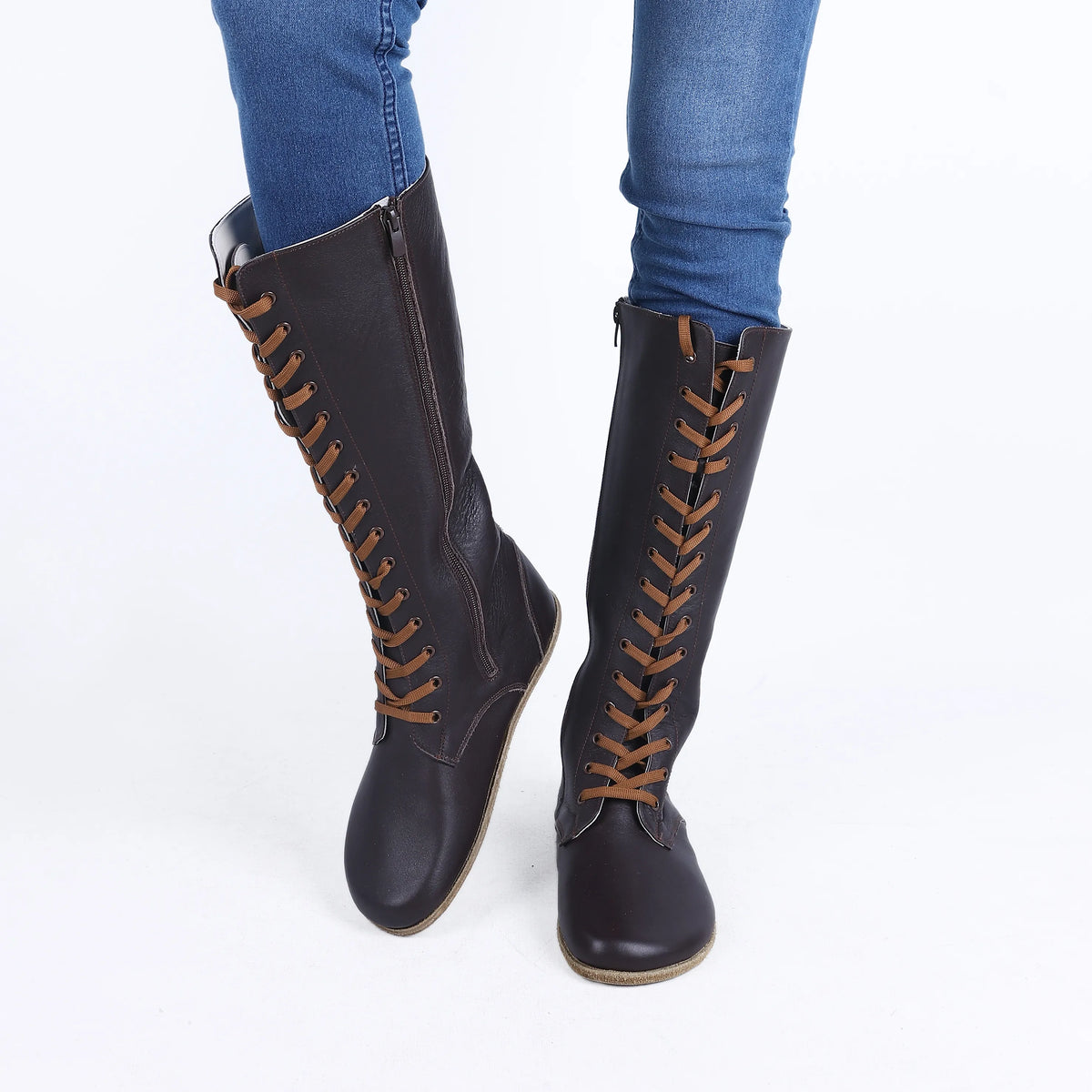 Smooth Barefoot Laces Knee Boots Shoes – Classic Sole — Leather Sole – Dark Brown