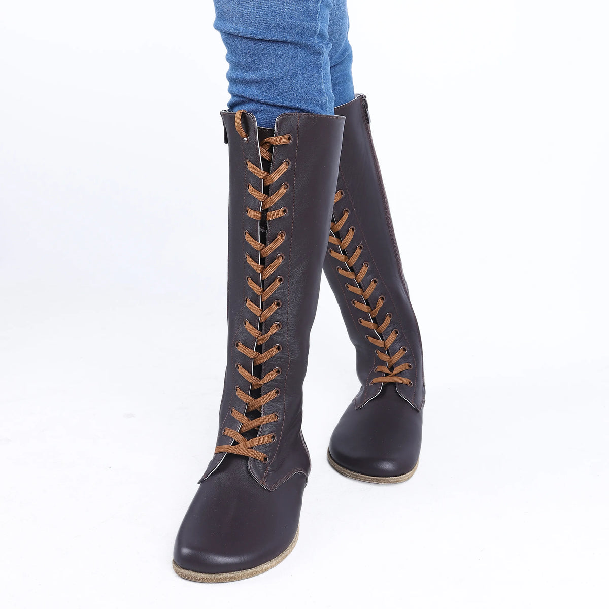 Smooth Barefoot Laces Knee Boots Shoes – Classic Sole — Leather Sole – Dark Brown
