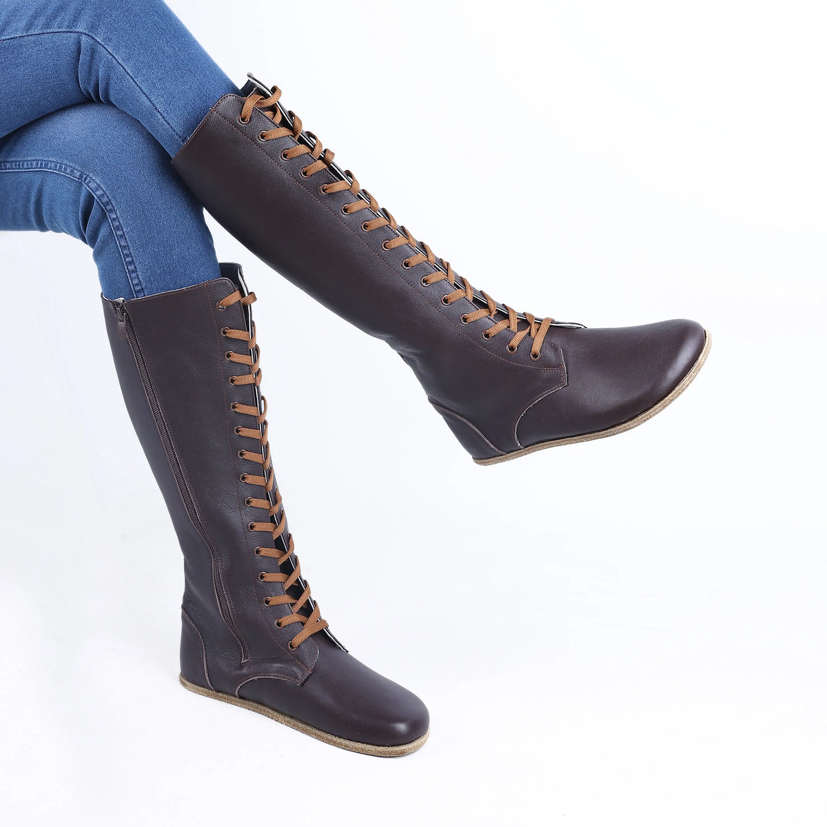 Smooth Barefoot Laces Knee Boots Shoes – Classic Sole — Leather Sole – Dark Brown