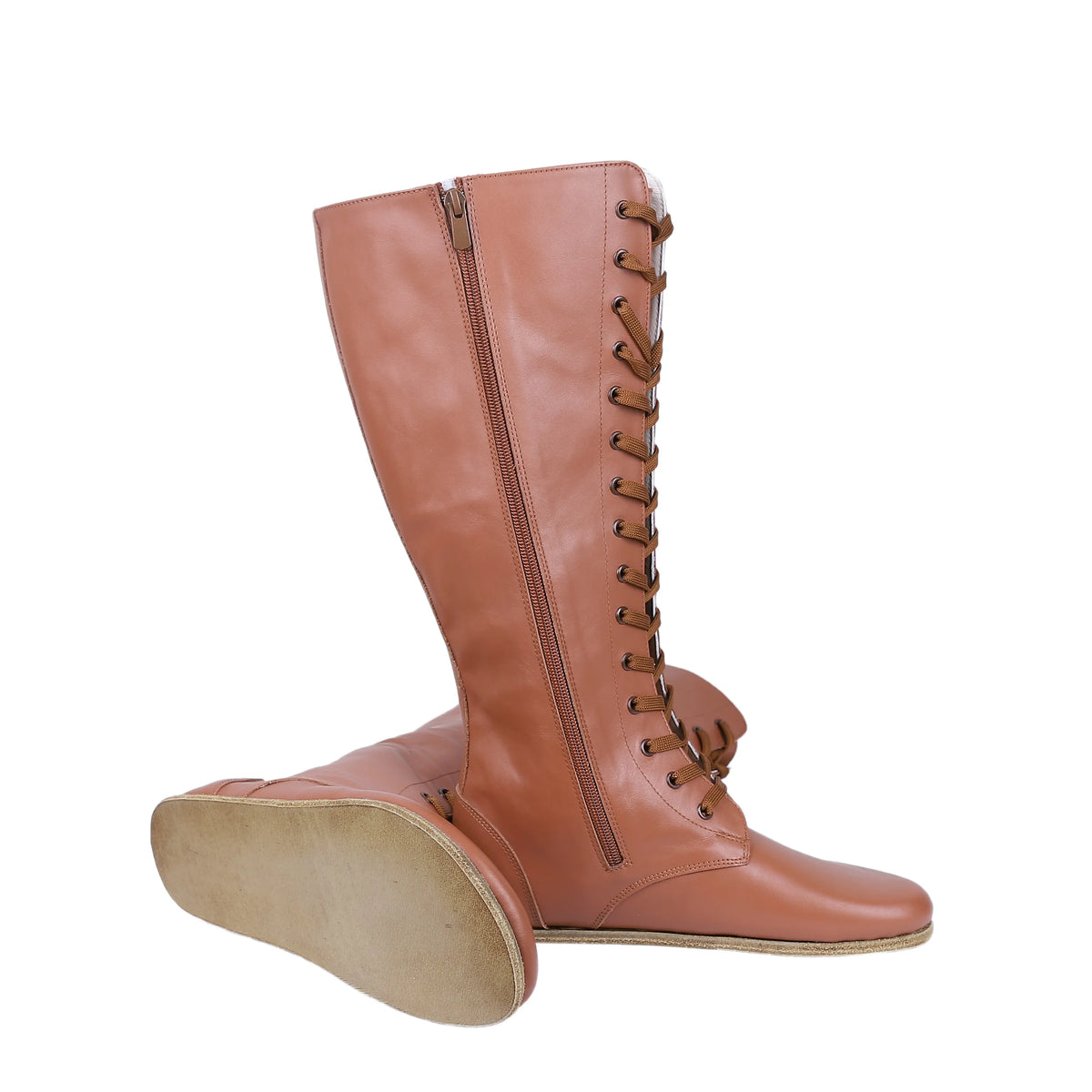 Smooth Barefoot Laces Knee Boots Shoes – Classic Sole — Leather Sole – Tan