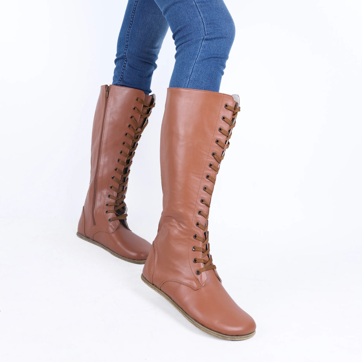 Smooth Barefoot Laces Knee Boots Shoes – Classic Sole — Leather Sole – Tan