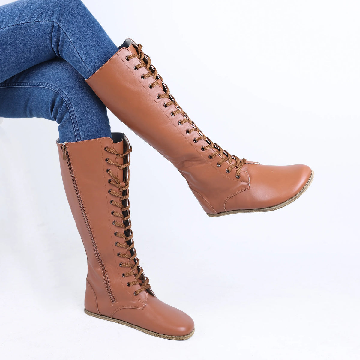 Smooth Barefoot Laces Knee Boots Shoes – Classic Sole — Leather Sole – Tan
