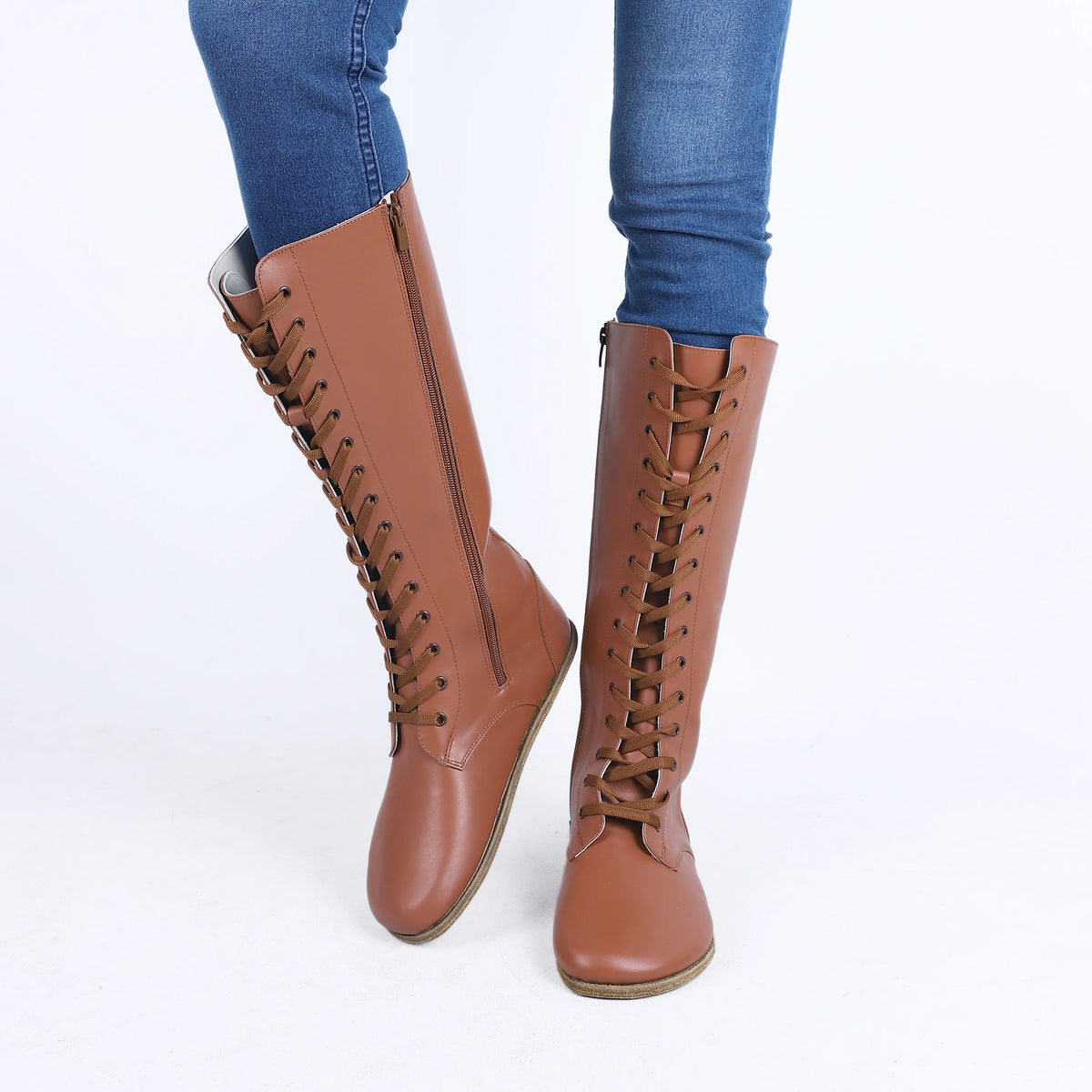 Smooth Barefoot Laces Knee Boots Shoes – Classic Sole — Leather Sole – Tan