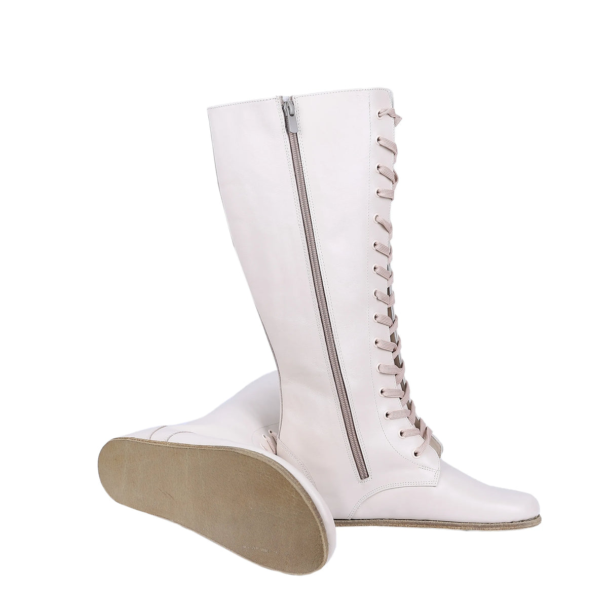 Smooth Barefoot Laces Knee Boots Shoes – Classic Sole — Leather Sole – Cream