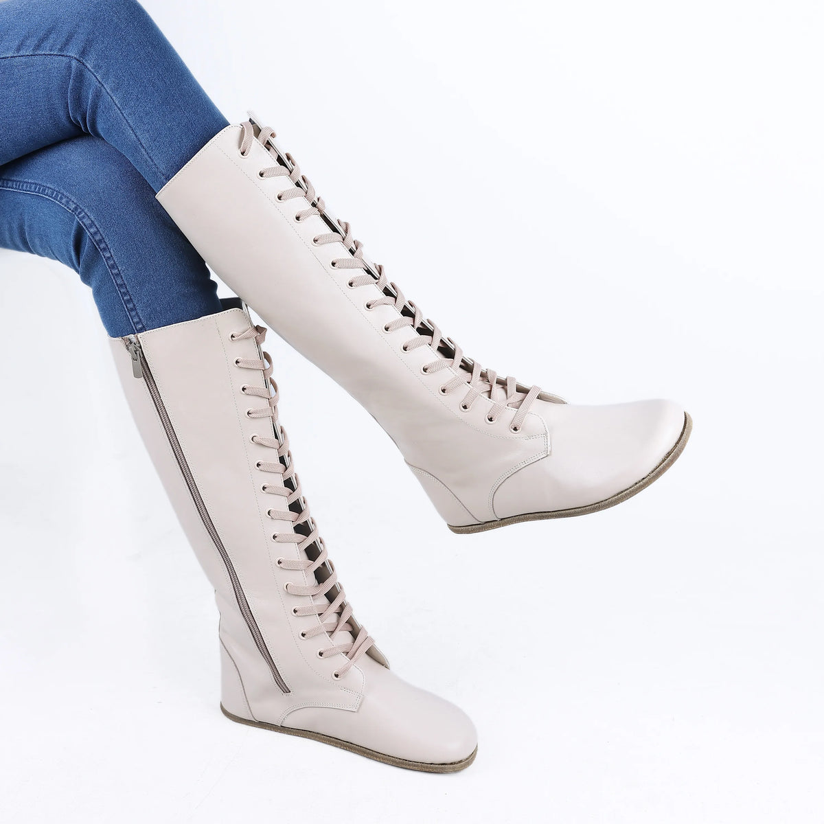 Smooth Barefoot Laces Knee Boots Shoes – Classic Sole — Leather Sole – Cream