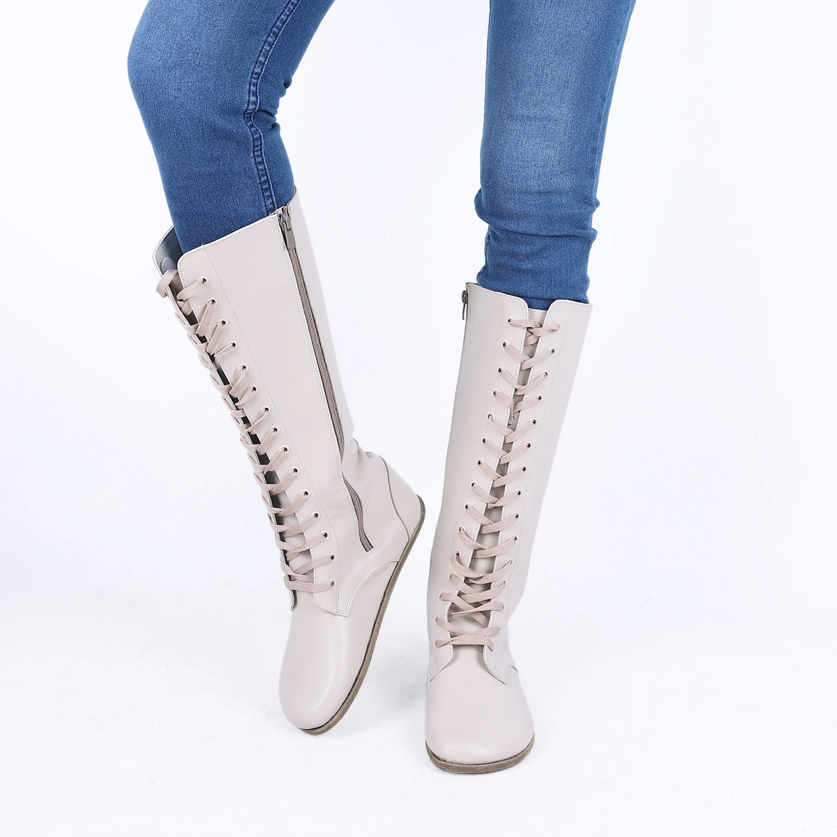 Smooth Barefoot Laces Knee Boots Shoes – Classic Sole — Leather Sole – Cream